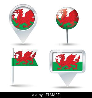 Map pins with flag of Wales - vector illustration Stock Vector