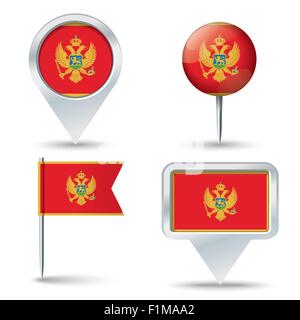 Map pins with flag of Montenegro - vector illustration Stock Vector
