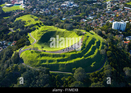 Volcanic crater, Mt Eden, ( historic Maori pa site ), Auckland, North Island, New Zealand - aerial Stock Photo