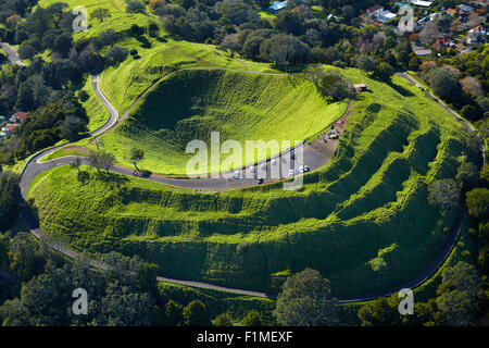 Volcanic crater, Mt Eden, ( historic Maori pa site ), Auckland, North Island, New Zealand - aerial Stock Photo