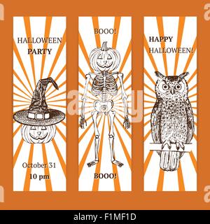Sketch set of Halloween's banners in vintage style, vector. Skeleton with pumpkin head, pumpkin ina a hat and owl. Stock Vector