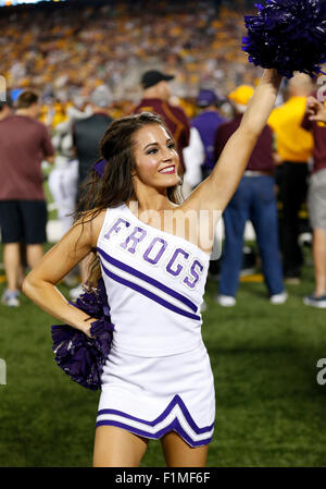 September 3, 2015: TCU Horned Frogs cheerleaders perform during the college football game between TCU Horned Frogs and the Minnesota Golden Gophers at TCF Bank Stadium in Minneapolis, MN Tim Warner/CSM. Stock Photo