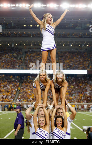 September 3, 2015: TCU Horned Frogs cheerleaders perform during the college football game between TCU Horned Frogs and the Minnesota Golden Gophers at TCF Bank Stadium in Minneapolis, MN Tim Warner/CSM. Stock Photo