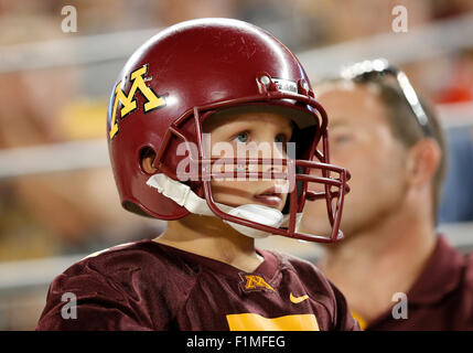 September 3, 2015: A young Minnesota Golden Gophers fan during the college football game between TCU Horned Frogs and the Minnesota Golden Gophers at TCF Bank Stadium in Minneapolis, MN Tim Warner/CSM. Stock Photo