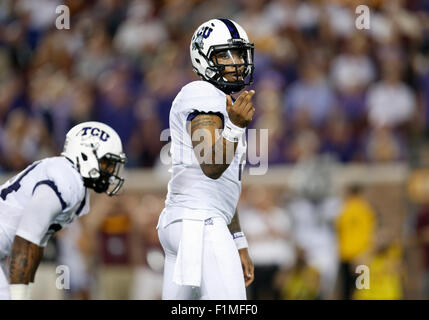 September 3, 2015: TCU Horned Frogs quarterback Trevone Boykin (2) during the college football game between TCU Horned Frogs and the Minnesota Golden Gophers at TCF Bank Stadium in Minneapolis, MN Tim Warner/CSM. Stock Photo