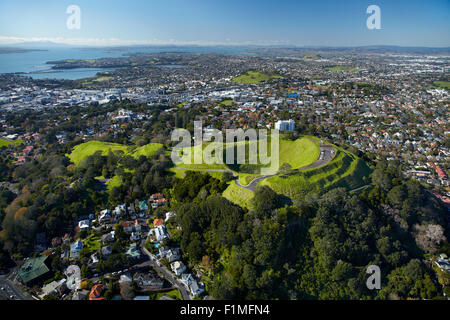 Volcanic crater, Mt Eden Domain, ( historic Maori pa site ), Auckland, North Island, New Zealand - aerial Stock Photo