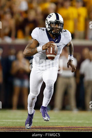 September 3, 2015: TCU Horned Frogs quarterback Trevone Boykin (2) scrambles during the college football game between TCU Horned Frogs and the Minnesota Golden Gophers at TCF Bank Stadium in Minneapolis, MN Tim Warner/CSM. Stock Photo