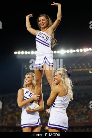 September 3, 2015: TCU Horned Frogs cheerleaders perform during the college football game between TCU Horned Frogs and the Minnesota Golden Gophers at TCF Bank Stadium in Minneapolis, MN Tim Warner/CSM. Stock Photo