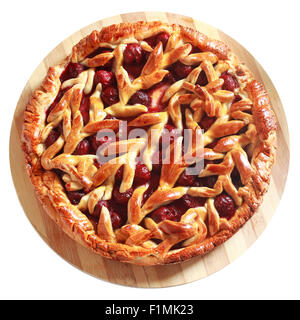 Delicious homemade cherry pie with lattice isolated on white Stock Photo