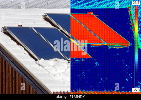 Infrared and real image of Photovoltaic Solar Panels on the roof House Stock Photo