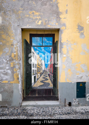 The Painted Doors of Funchal Old Town, Madeira, Portugal. ArT of opEN doors project in Rua de Santa Maria of Funchal Stock Photo