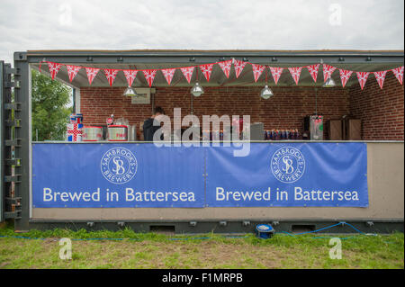 Morden Hall Park, Morden, Surrey. 4th September 2015. The National Trust and Sambrook’s Brewers hold the annual beer festival on the banks of the river Wandle in leafy Morden Hall Park with an extensive beer tent presenting a choice of 50 beers from 22 brewers. The event runs from 4th till 5th September and includes live music, a food court and childrens entertainment on Saturday 5th. Credit:  Malcolm Park editorial/Alamy Live News Stock Photo