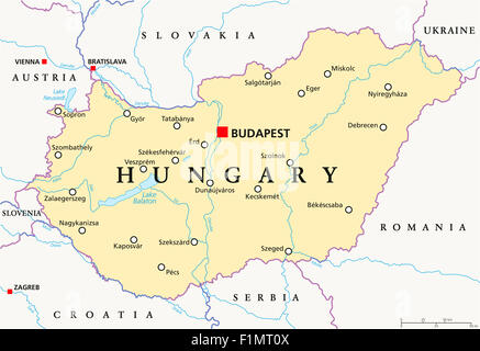 Hungary political map with capital Budapest, national borders, important cities, rivers and lakes. English labeling and scaling. Stock Photo