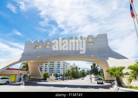 Marbella entrance sign, Spain. This iconic entrance sign welcomes visitors to Marbella, the famous city of Costa del Sol Stock Photo