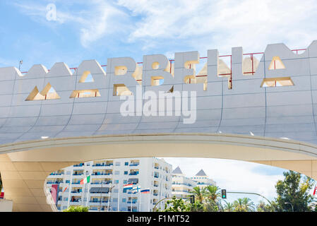 Marbella entrance sign, Spain. This iconic entrance sign welcomes visitors to Marbella, the famous city of Costa del Sol Stock Photo