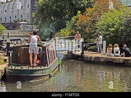 Narrow Boat, Regents Canal Kentish Town Road Lock, near Camden Market, London, England, Stock Photo