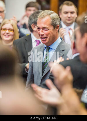 London, UK. 4th September, 2015. Farage enters the hall to excited support from party members - UKIP Deputy Leader Paul Nuttall MEP, UKIP Leader Nigel Farage launch the Say No to EU referendum tour and UKIP's EU Referendum Campaign Marsham Street, London 4 September 2015. Credit:  Guy Bell/Alamy Live News Stock Photo