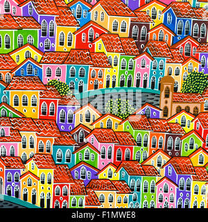 Colorful painting of the old colonial houses of Pelourinho by street artist in Salvador, Bahia, Brazil. Stock Photo