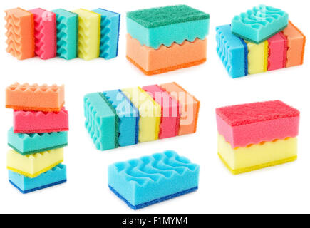 Set of colored sponges for dishwashing isolated on white background. Kitchen bast. Stock Photo