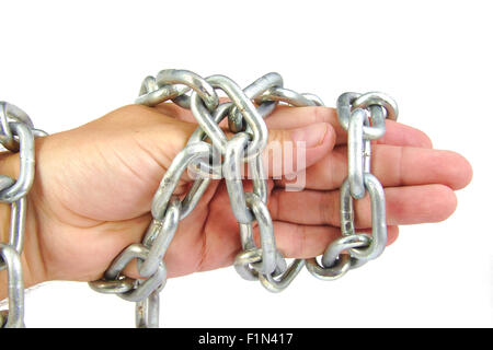 Chained hand of an adult man with a strong chain isolated on white background. Slavery concept. Stock Photo