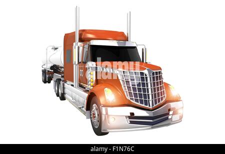 Truck Tanker Isolated on White Background. Orange Semi Truck with Tank Trailer Stock Photo