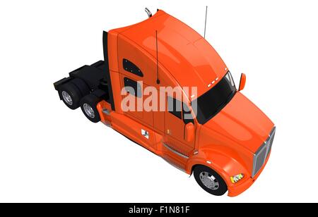 Orange Tractor Truck on White Isolated. Top View Truck. Stock Photo