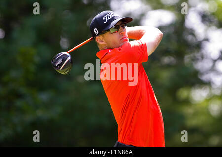 Norton, Massachusetts, USA. 4th September, 2015. Morgan Hoffmann at the 9th tee during the first round of the Deutsche Bank Championship at TPC Boston. Anthony Nesmith/Cal Sport Media Credit:  Cal Sport Media/Alamy Live News Stock Photo