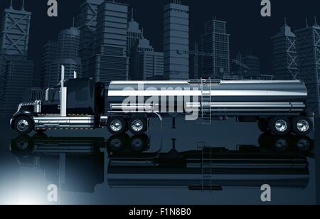 Urban Trucking Concept Illustration. Dark Blue Color Grading 3D Illustration with Semi Truck with Tanker and the City Skyline. Stock Photo