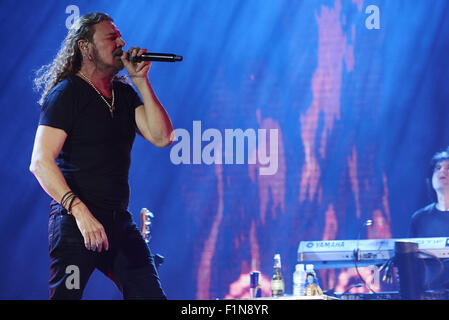 Madrid, Spain. 4th Sep, 2015. Fher Olvera, Alex Gonzalez, Sergio Vallin and Juan Calleros of Mexican band Mana performs on Stage during 'Cama Incendiada Tour' at Barclaycard Center (Palacio de los Deportes) on September 4, 2015 in Madrid © Jack Abuin/ZUMA Wire/Alamy Live News Stock Photo