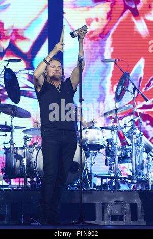 Madrid, Spain. 4th Sep, 2015. Fher Olvera, Alex Gonzalez, Sergio Vallin and Juan Calleros of Mexican band Mana performs on Stage during 'Cama Incendiada Tour' at Barclaycard Center (Palacio de los Deportes) on September 4, 2015 in Madrid © Jack Abuin/ZUMA Wire/Alamy Live News Stock Photo