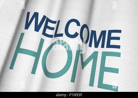 Welcome Home Waving Canvas Material Banner Closeup. 3D Illustration. Stock Photo