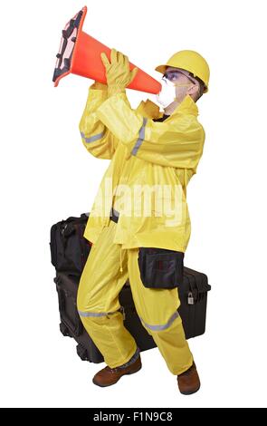 construction,contractor,cone,scream,screaming,message,alert,suit,rain suit,funny,fun,men,worker,labor,working,work,case,tools,he Stock Photo