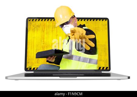 Contractor Coming Out of Computer Screen Pointing on You. Construction Online Concept. Illustration Isolated on White. Stock Photo