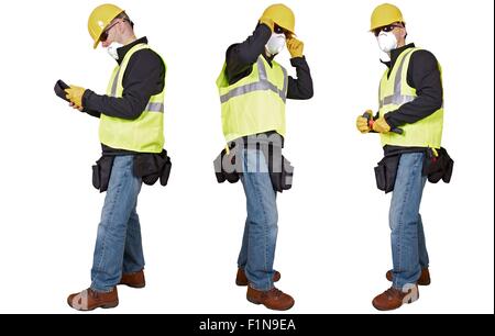 Contractors Isolated on White. Three Different Poses. Caucasian Contractor in Yellow Helmet and Black Glasses. Stock Photo