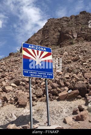 Arizona Welcomes You. Arizona State Entrance Sign. The Grand Canyon State. Stock Photo