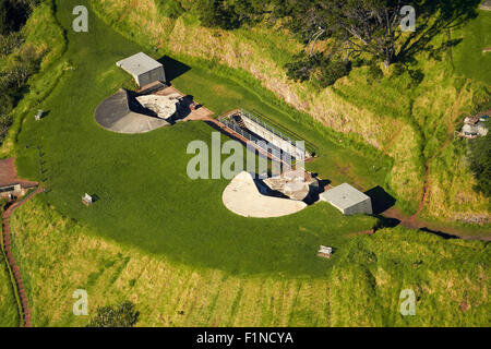 Historic gun emplacements, North Head, Devonport, Auckland, North Island, New Zealand - aerial Stock Photo