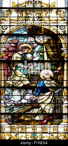 Annunciation of the Virgin Mary, stained glass window in the Basilica of the Sacred Heart of Jesus in Zagreb, Croatia Stock Photo