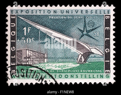 Stamp printed in Belgium, shows Civil Engineering Pavilion, circa 1957 Stock Photo