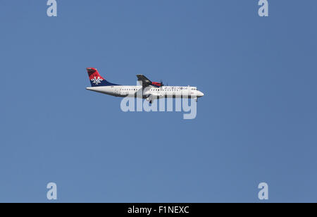 ATR 72, registration XB-IXP of Air Serbia landing on Zagreb Airport Pleso on June 10, 2015. Stock Photo