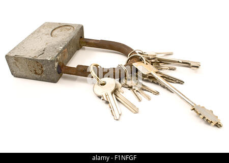 Padlock as key chain with several keys isolated on white Stock Photo