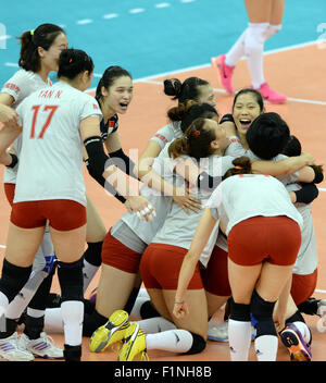 Nagoya, Japan. 5th Sep, 2015. Players of China celebrate victory after the match of 2015 Women's Volleyball World Cup against Russia in Nagoya, Japan, Sept. 5, 2015. China won 3-1. © Ma Ping/Xinhua/Alamy Live News Stock Photo