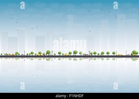 Colorful city panorama and place for text. Vector illustration Stock Vector