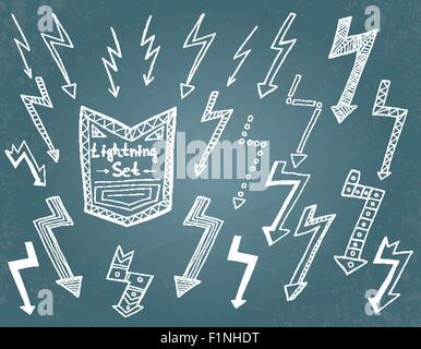 Set of hand drawn lightning on blue background. Vector illustration Stock Vector