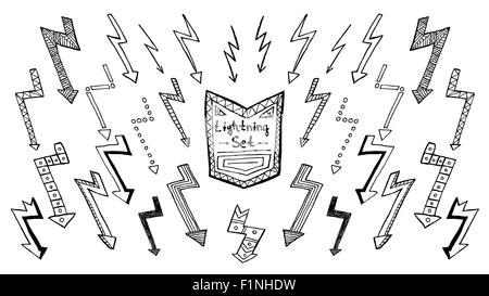 Set of hand drawn lightning on white background. Vector illustration Stock Vector