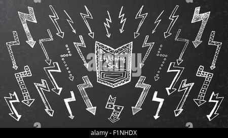 Set of hand drawn lightning on black background. Vector illustration Stock Vector