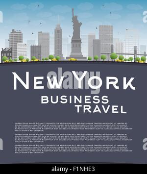 New York city skyline with blue sky, clouds, yellow taxi and train ...