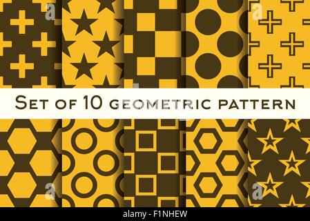 Set of 10 geometric patterns in orange and brown colors. Vector illustration Stock Vector