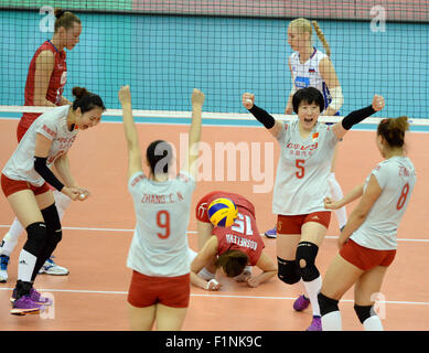 Nagoya, Japan. 5th Sep, 2015. Players of China celebrate scoring during the match of 2015 Women's Volleyball World Cup against Russia in Nagoya, Japan, Sept. 5, 2015. China won 3-1. © Ma Ping/Xinhua/Alamy Live News Stock Photo