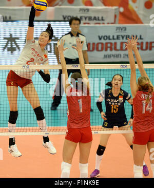 Nagoya, Japan. 5th Sep, 2015. Zhu Ting (L) of China spikes during the match of 2015 Women's Volleyball World Cup against Russia in Nagoya, Japan, Sept. 5, 2015. China won 3-1. © Ma Ping/Xinhua/Alamy Live News Stock Photo