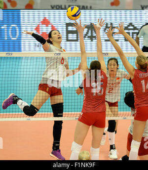 Nagoya, Japan. 5th Sep, 2015. Yang Junjing (1st L) of China competes during the match of 2015 Women's Volleyball World Cup against Russia in Nagoya, Japan, Sept. 5, 2015. China won 3-1. © Ma Ping/Xinhua/Alamy Live News Stock Photo